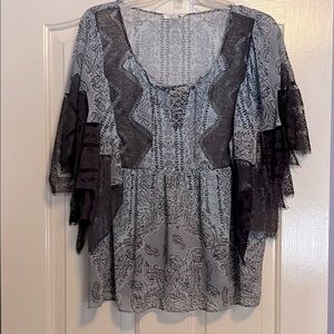 Liberty Garden 3/4 flounce Sleeve Blouse in gray and light blue/aqua size M